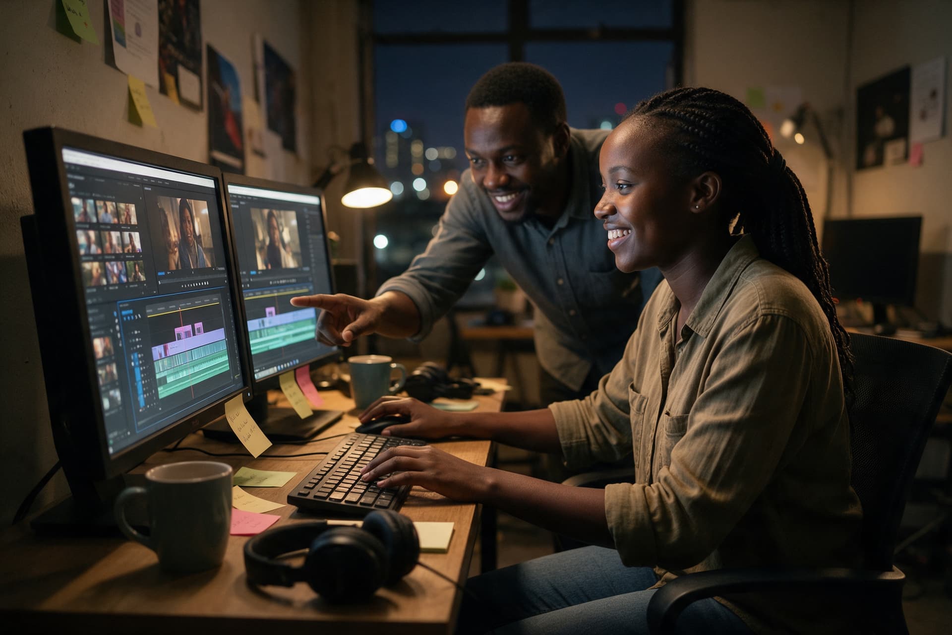 Two editors at a timeline, late in the studio