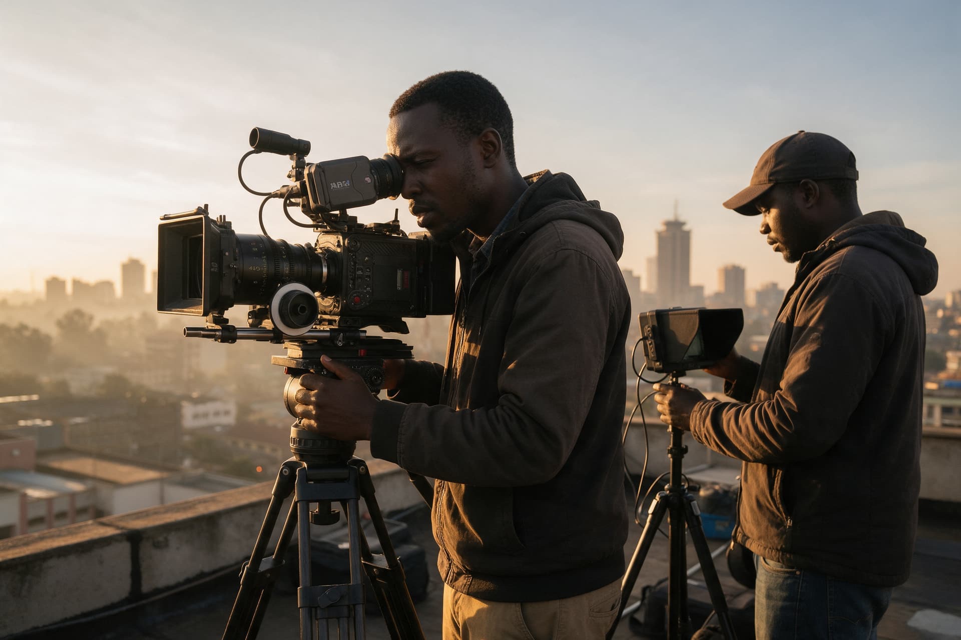 A camera operator framing a shot on a Nairobi rooftop at sunrise