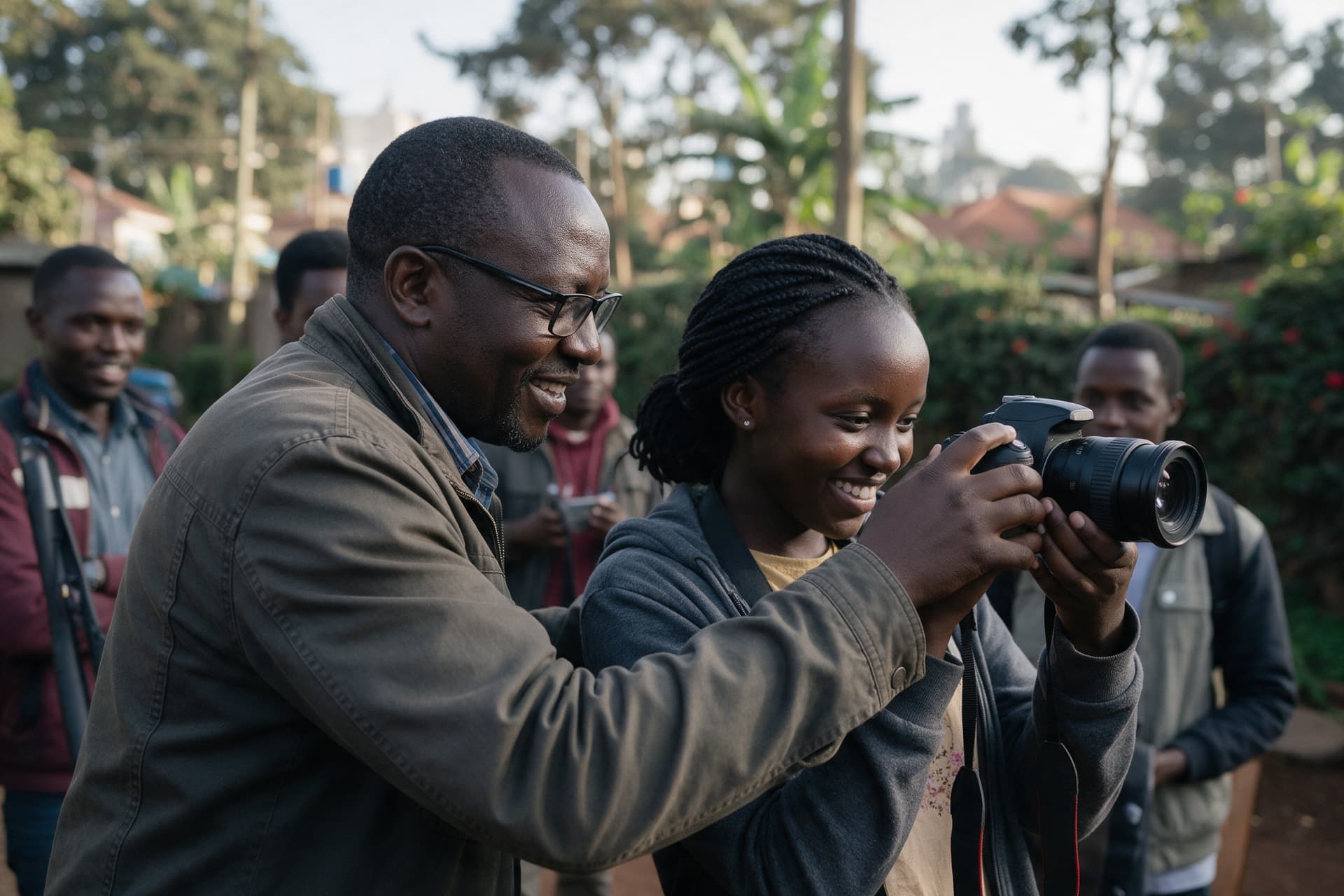 A cinematographer adjusting a learner’s camera outdoors