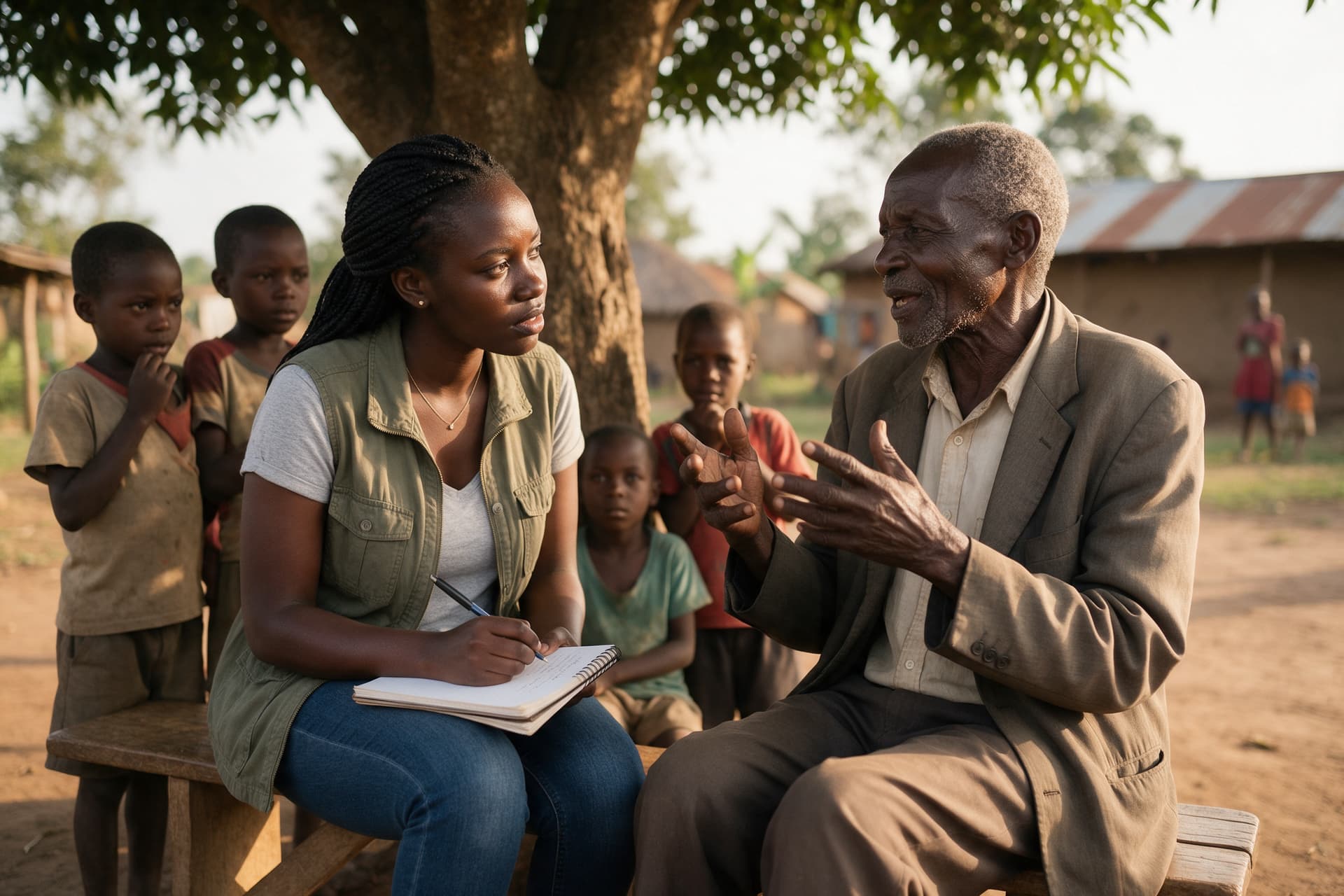 A journalist listening to an elder under a tree