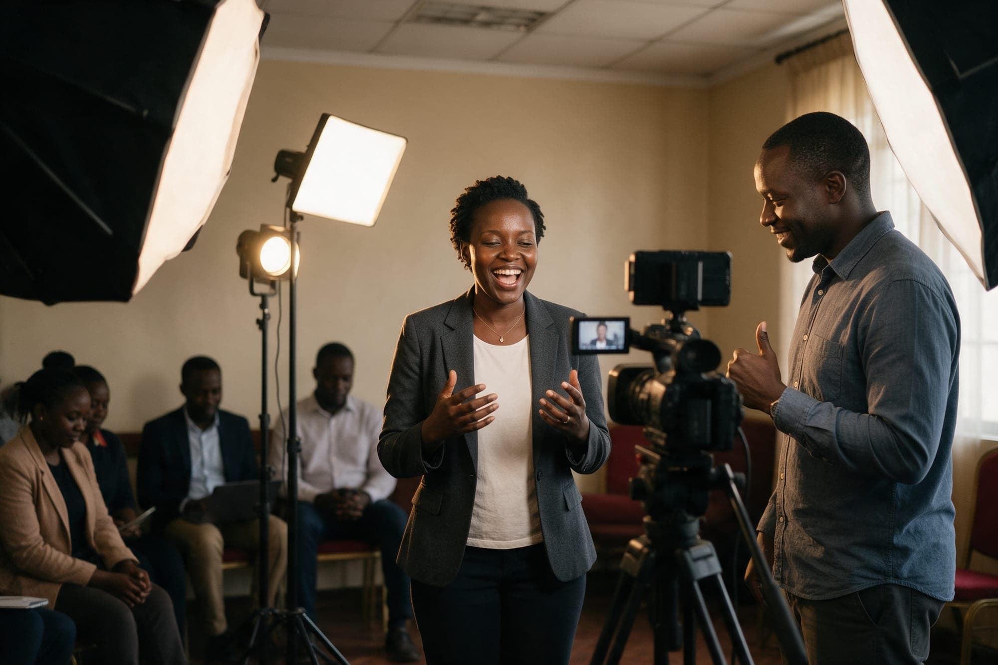 A spokesperson practising answers on camera with a coach