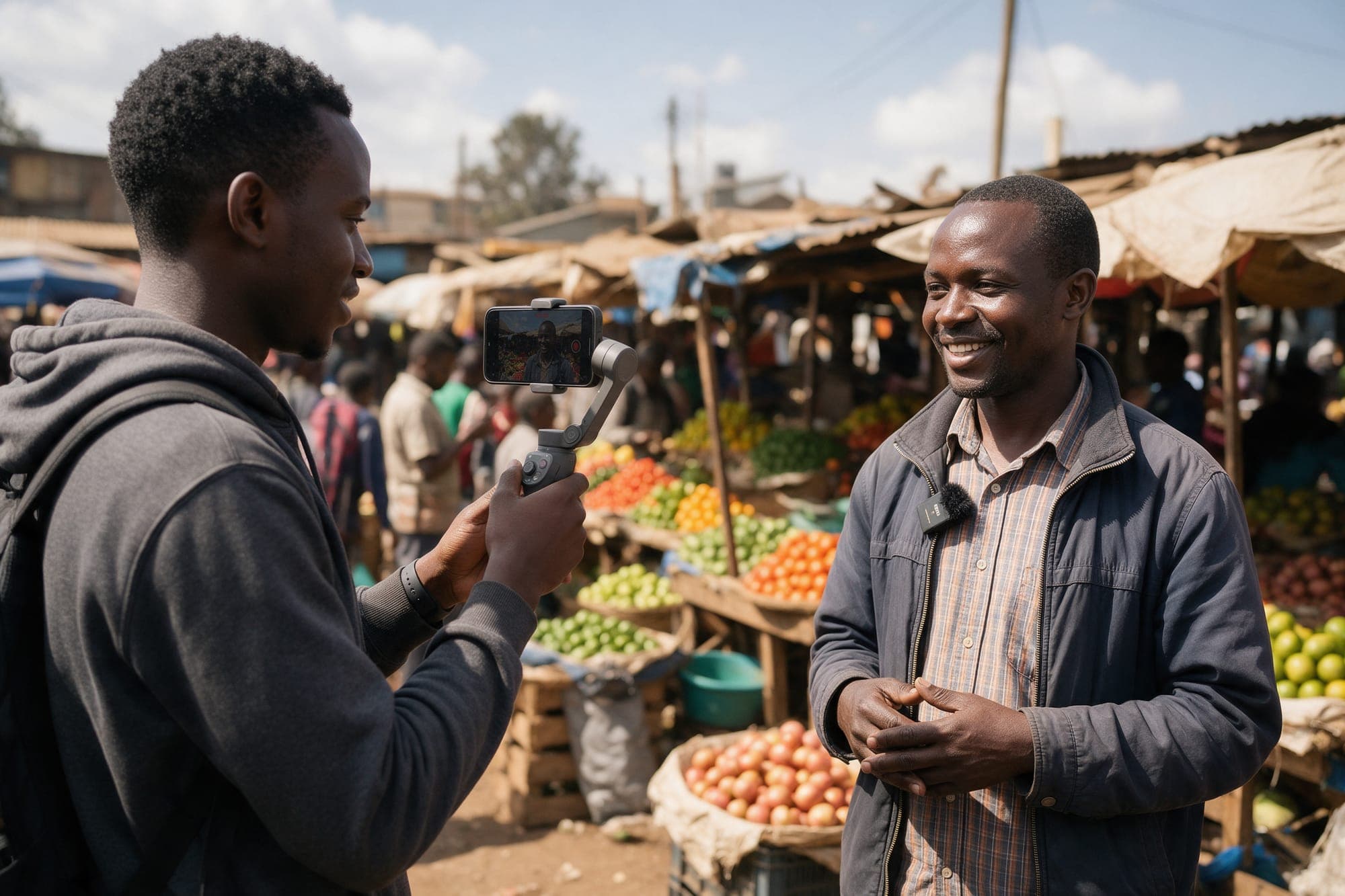 A reporter filming a market trader on a phone gimbal