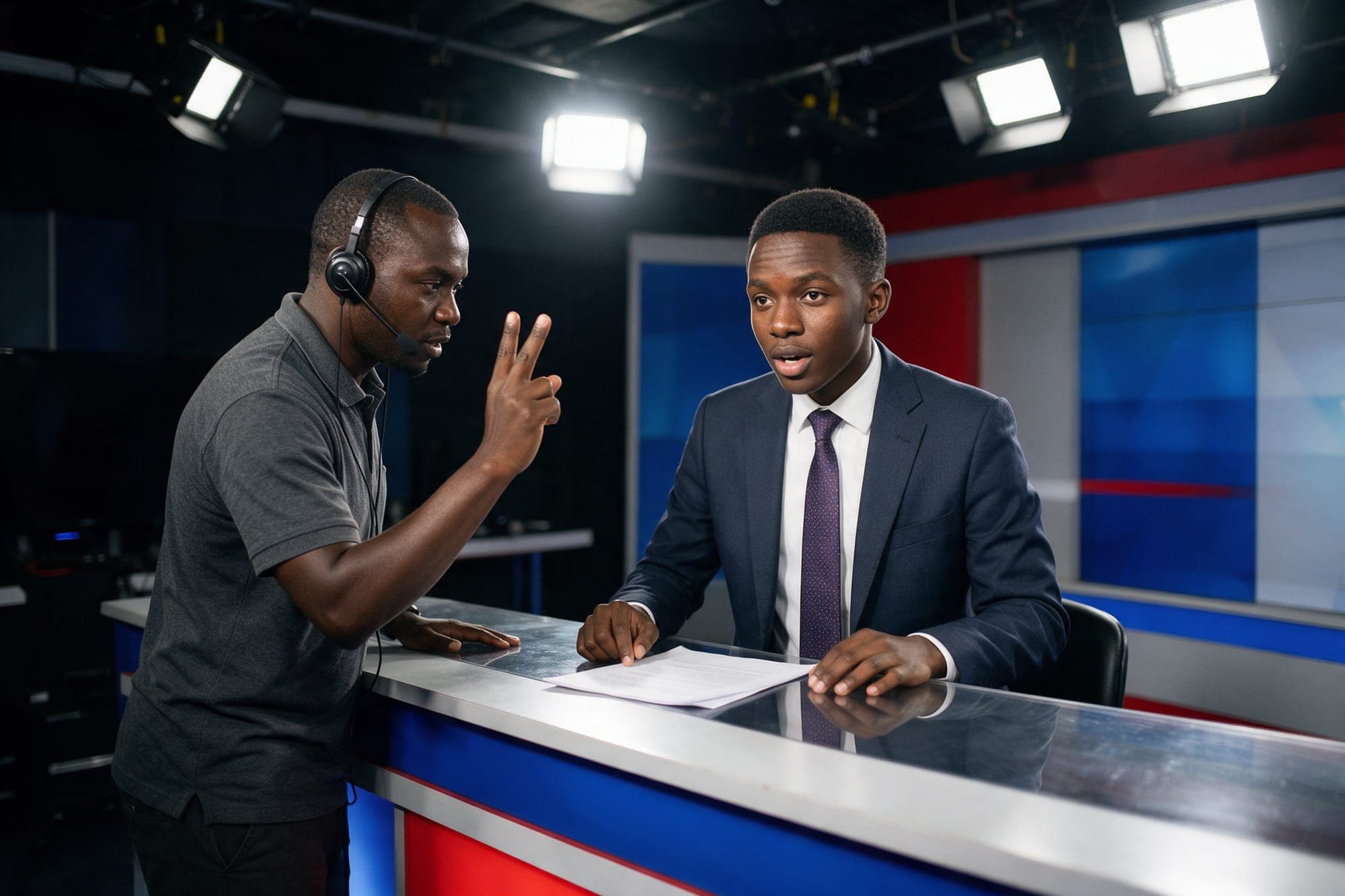 A presenter rehearsing at a studio desk as the floor manager counts in