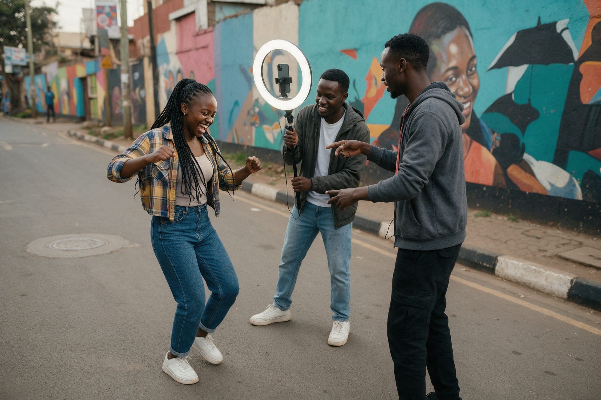 Three creators shooting a vertical video on a mural-lined street